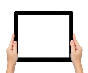 isolated female hands hold longer banner tablet or frame