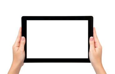 isolated female hands hold longer banner tablet or frame