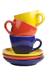 Colorful tea cups and saucers.