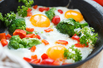 eggs with broccoli and peppers in a pan