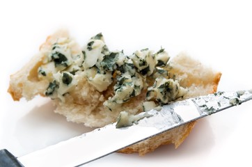 Roquefort spread on a slice of bread.