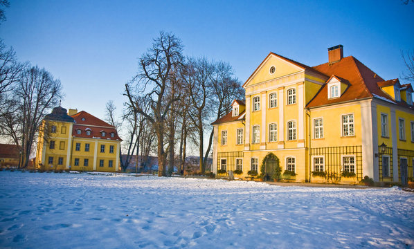 Beautiful house in snowy scenery in polish village