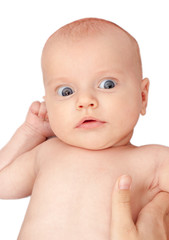 Beautiful new born baby resting on mom's hand isolated on the