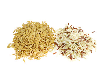 paddy and mix brown rice isolated on white.
