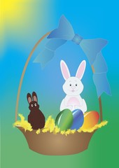 Basket with Easter eggs and bunny - vector illustration.
