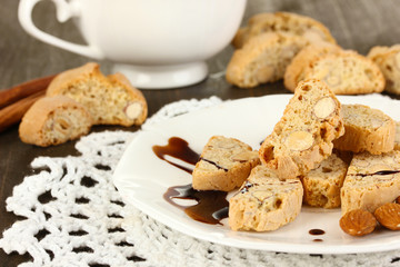 Aromatic cookies cantuccini and cup of coffee