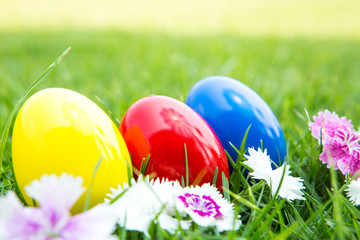Easter eggs on green grass with flower
