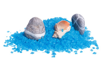 Obraz na płótnie Canvas Sea pebbles and shells on a blue bath salts