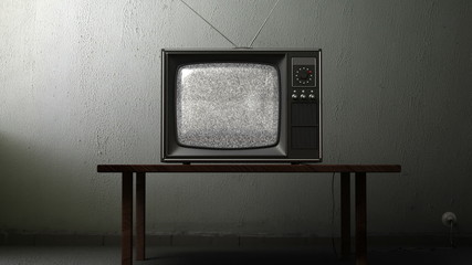 old TV in the room with a green screen, 3d animation