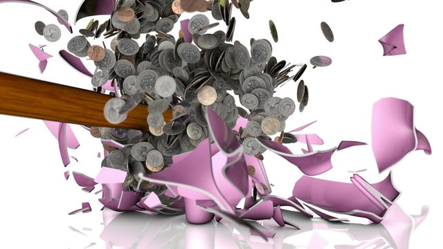 Hammer Shattering A Piggy Bank full of coins In Slow Motion