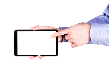Obraz premium Male hand holding a tablet PC with space for you text