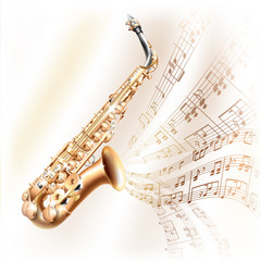 Classical saxophone alto on white background with musical notes