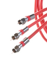 Bunch of red coaxial cables with connectors 