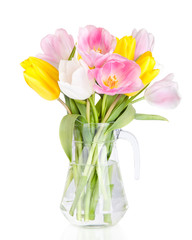 Bouquet of beautiful tulips flowers in vase isolated on white