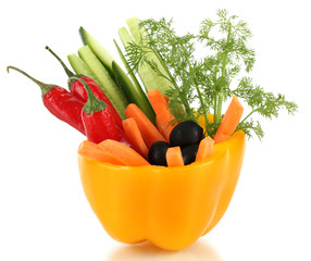 Assorted raw vegetables sticks in pepper bowl isolated on white