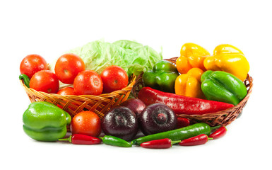Fototapeta na wymiar Fresh vegetables in basket isolated on white. Bio Vegetable. Co