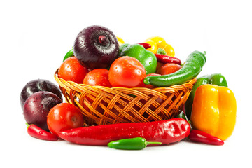 Fresh vegetables in basket isolated on white. Bio Vegetable.  Co