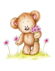 drawing of teddy bear with pink flowers