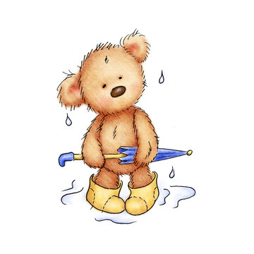 drawing of teddy bear with umbrella