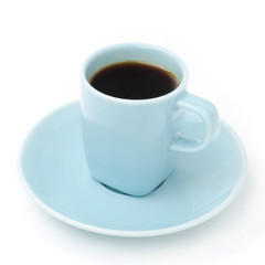 Blue cup of black coffee isolated