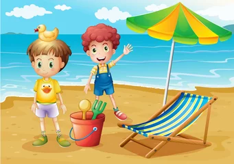 Foto auf Acrylglas Fluss, See Kinder am Strand mit Sonnenschirm und Klappbett