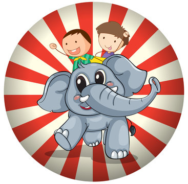 Two kids riding at the back of a gray elephant