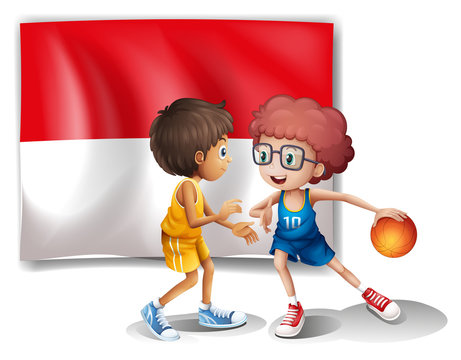 The flag of Indonesia at the back of the basketball players