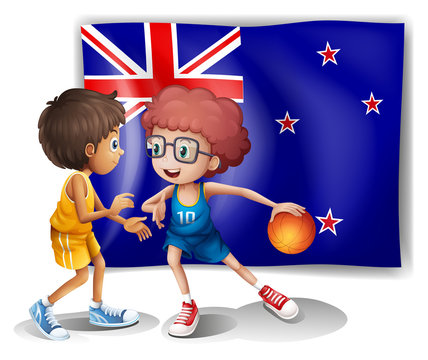 The flag of New Zealand in front of the basketball players