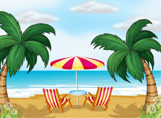 Fototapeta na wymiar Widok na plaży z parasolem i krzesła