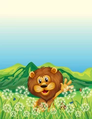 Photo sur Plexiglas Zoo Un lion agitant sa main près des mauvaises herbes