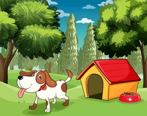 Foto auf Acrylglas Hunden Ein Hund mit einer Hundehütte und einem Hundefutter in der Nähe der Bäume