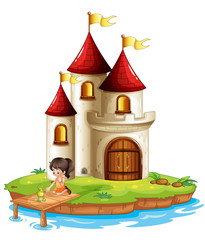 Une fille et une grenouille sur le pont devant un grand château