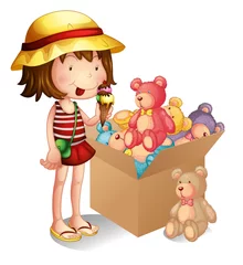 Abwaschbare Fototapete Bären Ein junges Mädchen neben einer Kiste mit Spielzeug