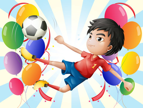 A soccer player with balloons