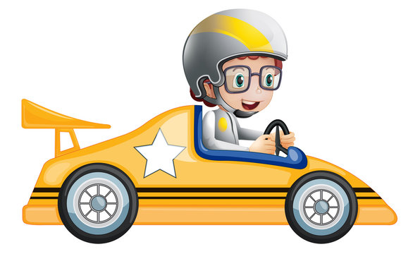 A girl in her yellow racing car