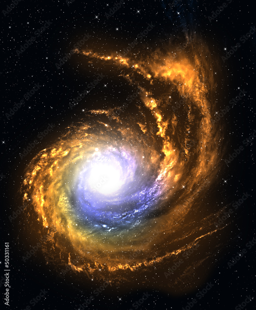 Wall mural spiral galaxy in deep space with starfield background.
