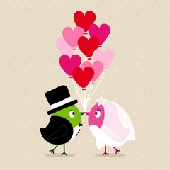 Wedding Couple Birds Heartballoons Beige Green/Pink