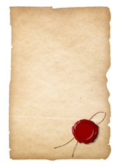 Old paper with wax seal isolated. Clipping path is included.