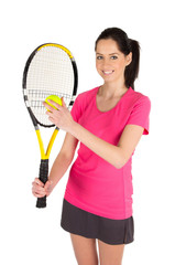 Portrait of young woman with tennis racket isolated on white