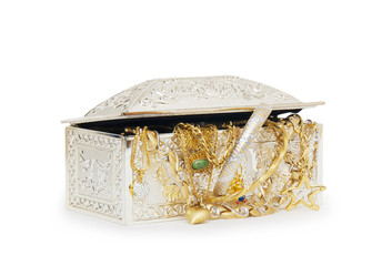 Jewel box with necklaces isolated on white background