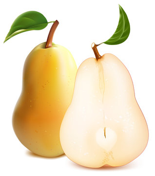 Ripe pears with green leaves