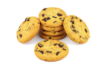 Biscuits with pieces of chocolate coating isolated on white.