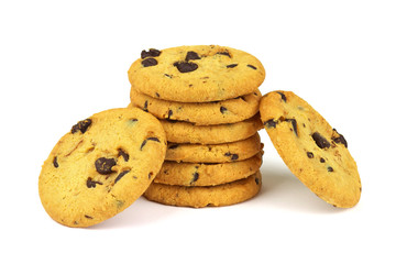 Biscuits with pieces of chocolate coating isolated on white.