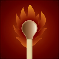 Burning match stick on a brown retro circle background