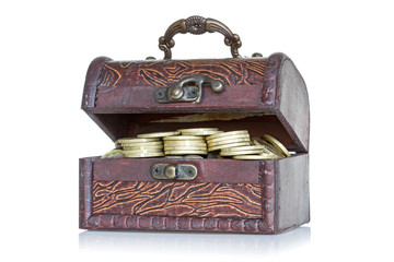 Wooden chest with coins inside
