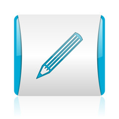 pencil blue and white square web glossy icon