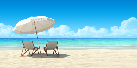 Fototapeta Chaise lounge and umbrella on sand beach. obraz