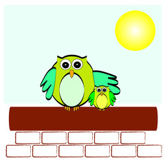 Owls, mother protects her child, illustration