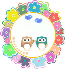 Background with owl, flowers and birds