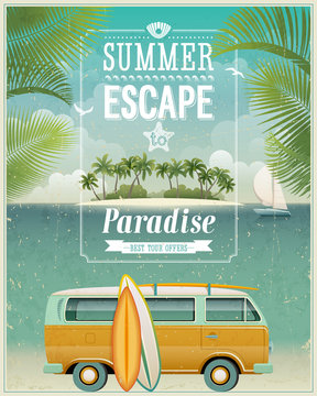 Vintage seaside view poster with surfing van. Vector background.